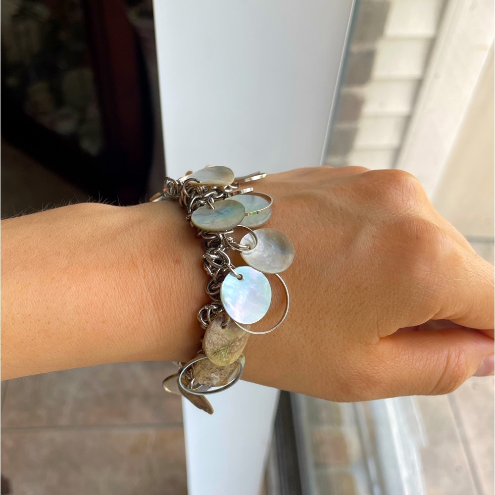 Silver bracelet with elastic brown and white Abalone - Picture 1 of 4